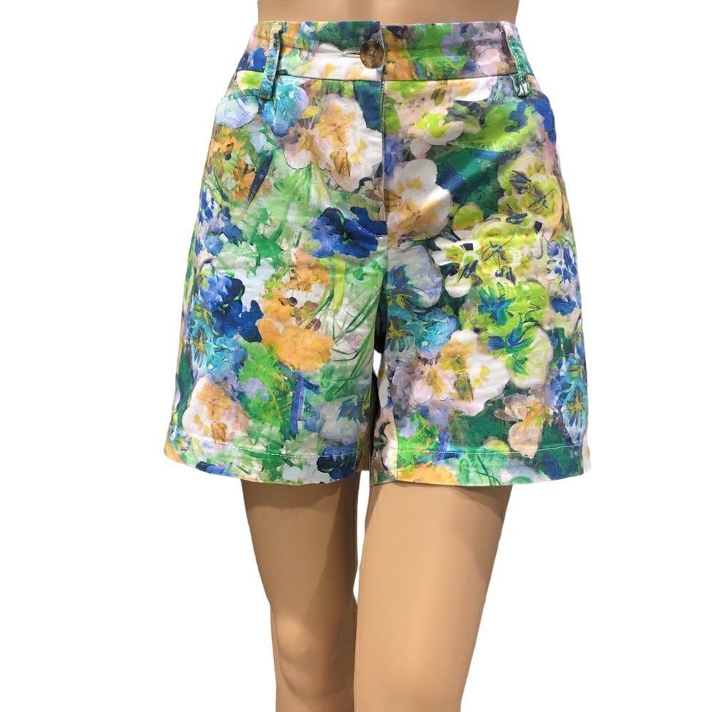 Lands’ End Shorts Multicolor Floral Print Stretch Pockets Front/Zip Sz 10P  NWOT